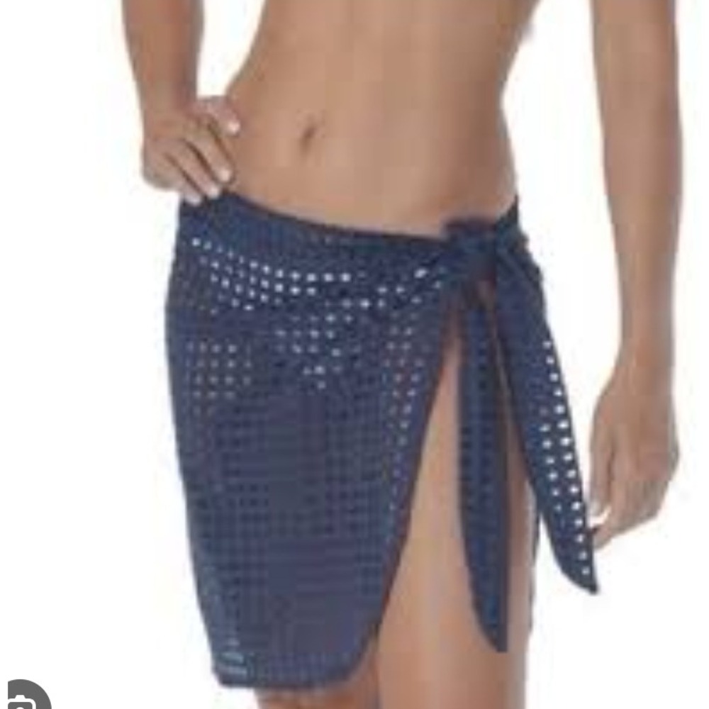 NWT Raviya Swim Cover Up Skirt Womens Navy Eyelet Mesh Wrap Sarong L/XL $48